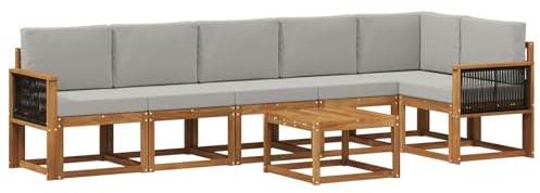 vidaXL Outdoor-Sofagarnitur 7 pcs Natürlich und Hellgrau Polyester, Modernes Garten-Sofa Set, wetterfestes Möbel, Sektional für die Terrasse, Akazienholz, Entspannung im Freien
