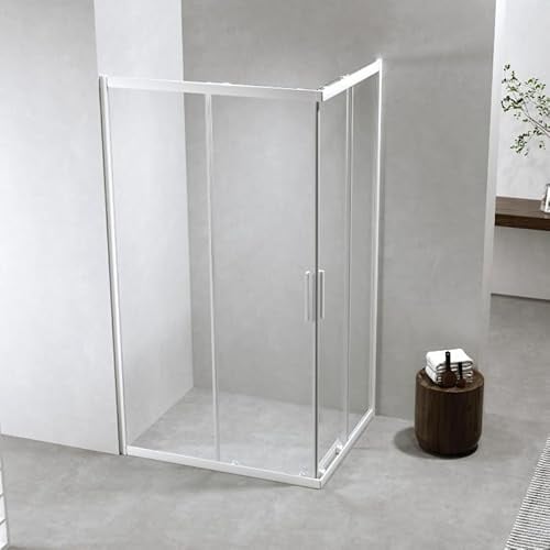 Auria Box Doccia Angolare 80x120 cm h190 - Cabina Doccia Scorrevole in Cristallo Temperato 6mm Trasparente, Profilo Alluminio Bianco Opaco, Chiusura Magnetica e Cuscinetti Sganciabili - Mod. Neat