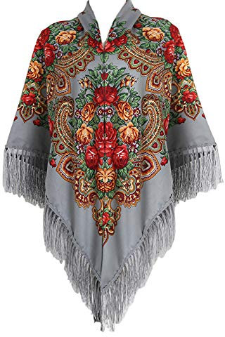 Gudessly 157,5 x 157,5 cm Übergroßer Damen-Poncho, Retro-Schal, Quaste, Fransen, Blumenmuster, bedruckt, Grau, Einheitsgröße, grau, One size