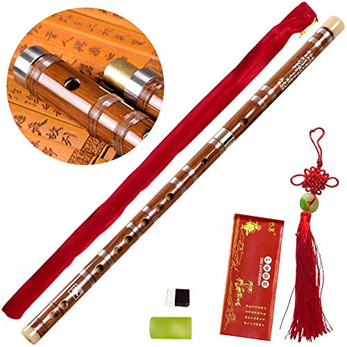 Tyuodna Flûte dizi en bambou amer faite à la main - Instrument de musique chinois en bois - Clé de fa, avec membrane, colle et protection incluses (marron)