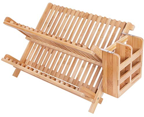 VOSAREA Holz Abtropfgestell Geschirr mit Besteckkorb Abtropfgitter Geschirrtrockner Deckelhalter Topfdeckelhalter Bestecksammler für Teller Tassen Geschirr Abtropfkorb Beige