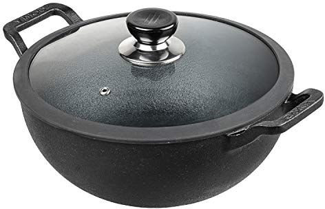 Vinod Legacy Pre-Seasoned Cast Iron Kadai with Glass Lid – 4.3L, 26cm | Deep Frying Pan Wok for Cooking | Naturally Non-Stick Cookware | Induction & Gas Compatible | Safe Grip Handle | Black Finish