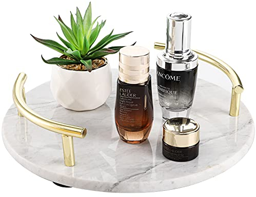 TOPZEA Vassoio decorativo in marmo, vassoio rotondo da 10 pollici, vassoio per profumo con manici in metallo dorato, vassoio per gioielli per bancone, vanità, comò, comodino, bagno