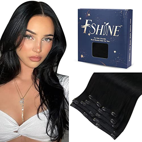 Fshine Clip in Extensions Echthaar 55cm Echthaar Extension Clip Tief Schwarz 7 Stücke 120g Brazilian Haarverlängerung mit Klammer Farbe 1