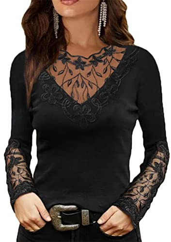 ORANDESIGNE Chemisier Sexy Femme Tunique Haut Manches Longues Évidé Top Automne Blouse Dentelle Chemisier Col V T-Shirt Chic D Noir S