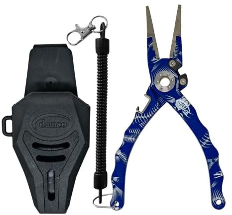 danco duffy 7.5-inch Fishing Pliers with Replaceable Line Cutters, Aircraft Grade Aluminum Fishing Gear, Saltwater Resistant Fishing Tools, Rubberized Paint Coating (Blue Fish Skeleton)