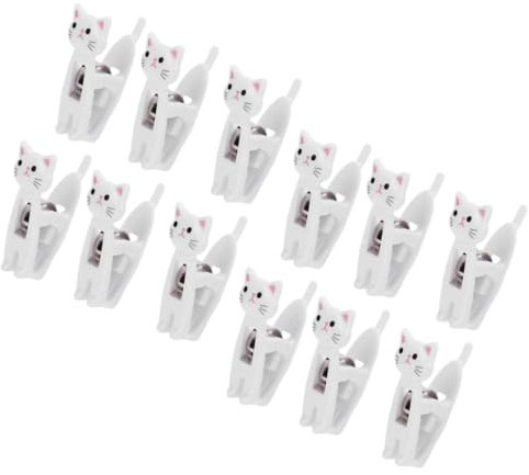 Beufee 12 Stück Wäscheklammern, niedliche Katzen-Wäscheklammern, Cartoon-Katze, Versiegelungs-Chip-Clips, Mini-Wäscheklammern, Wäscheleinen-Clips mit Metallfeder(Weiß)