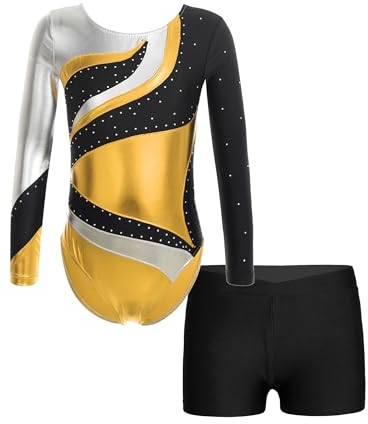 Oyolan Mädchen Langarm Turnanzug Glänzend Gymnastikanzug Ballett Trikot mit Shorts Kurz Hose Wettkampf Tanzkostüm Gold 146-152