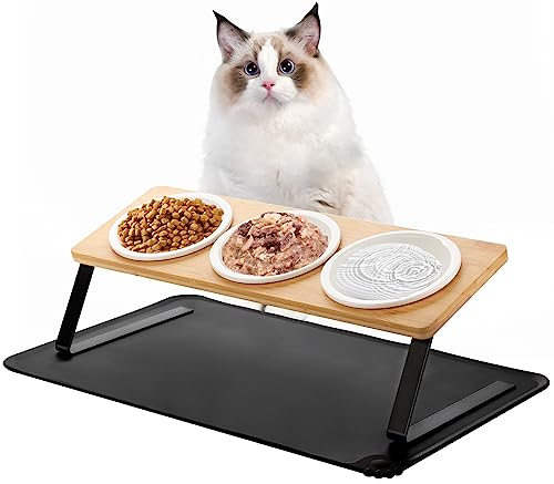 Lannvan Gamelle Chat, Gamelle Chat Surélevée, 3 Bols Chat Ceramique de Nourriture mit Tapis Gamelle Chat, Gamelle pour Chat avec Support 15° Inclinéé, Gamelle Chien pour Chats et Petits Chiens