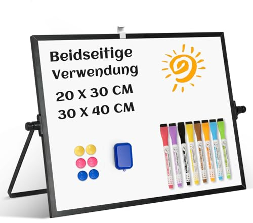 QUEENLINK Whiteboard Magnetisch, Beidseitige Verwendung Desktop Magnettafel klein, White Board Klein mit Ständer 20x30cm Schreibtafel Abwischbar AL70-S-2030-BLK
