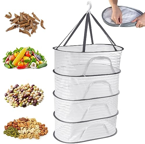 REFOURNG Red de Secado Colgante Malla de Secado para Plantas Red Secado Plegable de 4 Capas con Cremallera Rejilla para Secado de Hierbas con Gancho para Planta Marisco Verdura Ropa-L60 x W40 x H20cm