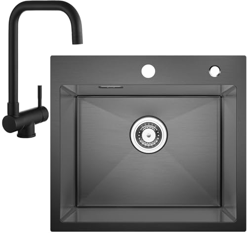 CECIPA 50×45cm Fregadero Cocina Negro Gris Inox con Grifo Cocina Negro Abatible