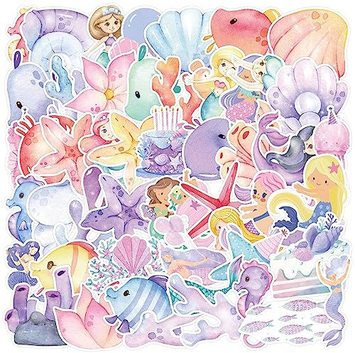 Wasserfarben Meerjungfrau Aufkleber für Laptop (50 PCS),Geschenk für Kinder Jugendliche Erwachsene Jungen,Meerjungfrau Stickers Wasserdicht Vinyl Aufkleber für Scrapbook,Skateboard,Auto,Gepäck