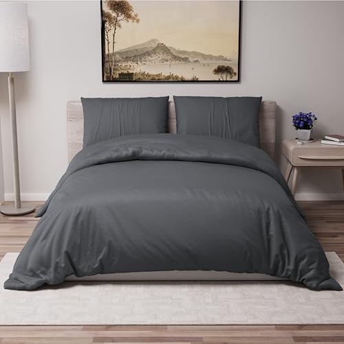 Dreamzie - Bettwäsche Set 200x200 cm mit 2 Kissenbezügen 65x65 cm Dunkelgrau - Bettbezug 200x200 Erwachsene aus 100% Mikrofaser - Zertifiziert ohne Chemikalien (Oeko TEX)