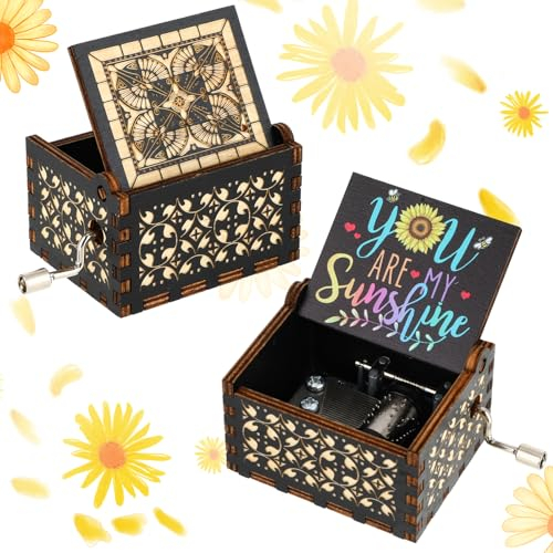 Jeffdad Hölzerne Spieluhr, You Are My Sunshine Handkurbel Spieluhren Antike Geschnitzte Musik Box Geschenk für Tochter, Mutter, Frauen, Freundin Valentinstag Weihnachten Geschenk Schwarz