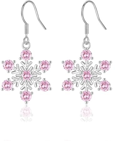 Weihnachtsgeschenke für Damen, Schneeflocke Ohrringe mit funkelnde Rosa Zirkonia Ohrhänger Haken-ohrringe für Frauen Mädchen, Schneeflocken Ohrstecker Schmuck