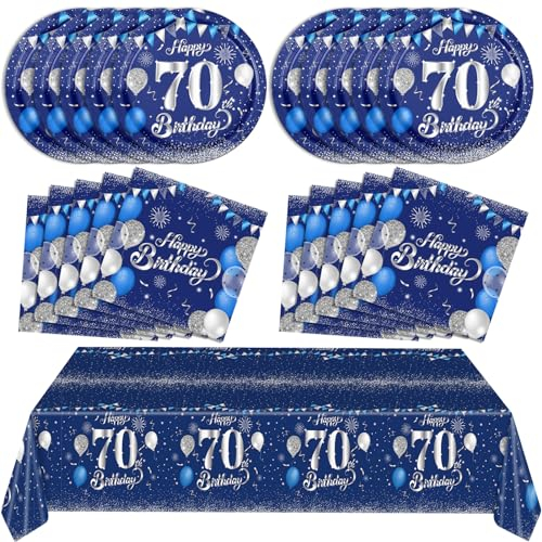 Blue 70th Birthday Decorations for Men - Navy Blue and Silver Tableware Set Including Plates, Napkins, Tablecloth for Anniversary Party Supplies