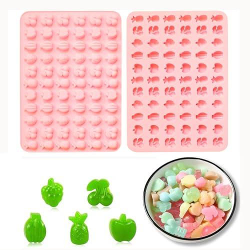 KOBOKO Silikon Süßigkeiten Formen, Gummibärchen Form, Früchte Form Silikon mit 66 Kavitäten, Pralinenform Silikon, Früchte Backmatte für Süßigkeiten, Schokolade, Gelee - Rosa