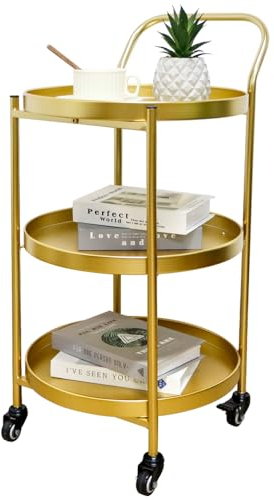 TRIROCKS 78 cm Hoher 3 Ebenen Rollwagen Barwagen Stabile Aufbewahrung Küchenwagen Metall Servierwagen mit Rädern Feststellbaren Rollen für den Einsatz in der Küche zu Hause Unterhaltungszwecke (Gold)