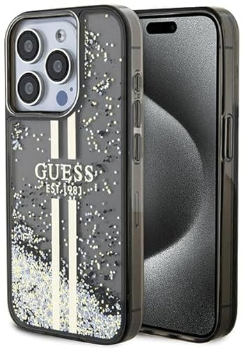 Guess GUHCP15LLFCSEGK Case for iPhone 15 Pro 6.1 Inch Black Hard Case Liquid Glitter Gold Stripes
