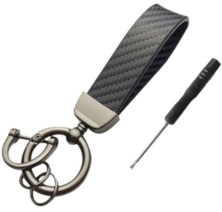 JNNJ Porte-Clés En Fibre De Carbone Et Cuir Véritable, Porte-Clés Fibre De Carbone Avec Anneau En D Anti-Perte, Rotatif à 360 Degrés Porte Clés En Cuir(métal doré + noir sans bordure)