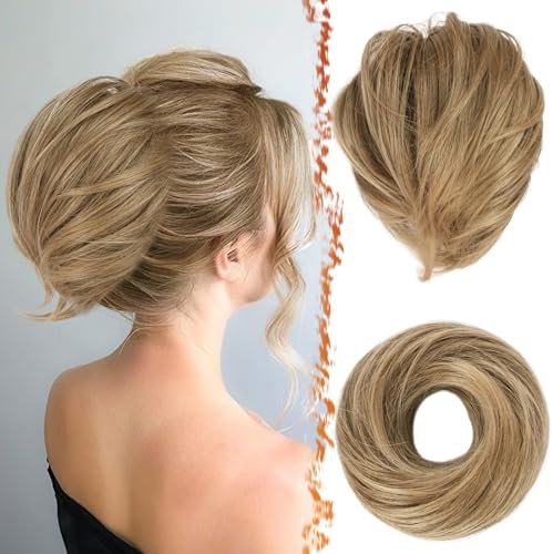 BARSDAR Gerades Haarknoten Pferdeschwanz, Kurzes Gerades Pferdeschwanz Dutt Haarverlängerung Gummiband Synthetisch Blond Haar Dutt Scrunchie Haarteil für Damen - Aschblond & Beige Blond
