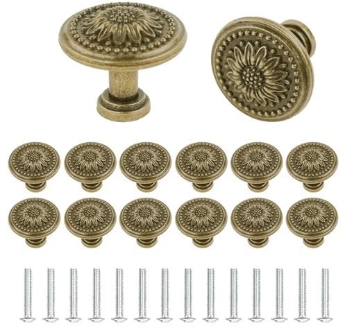 14 Pcs Antique Bronzy Cabinet Knobs Vintage Cabinet Handles Drawer Knobs Flower Pattern Cupboard Handle Retro Bronze Drawer Pull Handle for Chest of Drawers Furniture Cupboard Dresser Wardrobe Door