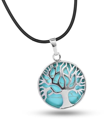 HEDONISM Collier Arbre de Vie (+ Bracelet Turquoise) Pendentif Femme avec Turquoise Pierre Naturelle - Spécial Cadeaux Mère, Standard, Acier inoxydable, Sans objet