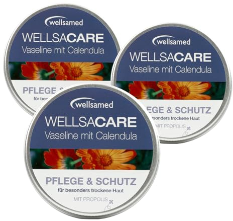 Wellsamed Wellsacare Vaseline Creme 150 ml (3x 50 ml) mit Calendula Ringelblume für trockene Haut und Lippen, pflegt und schützt, Feuchtigkeitscreme mit Vitamin E und Propolis, 3er Pack