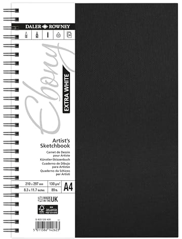 Daler Rowney Skizzenbuch, extra weißes Ebenholz, 130 g/m², A4, Hochformat, 30 weiße Blätter, ideal für professionelle Künstler und Studenten