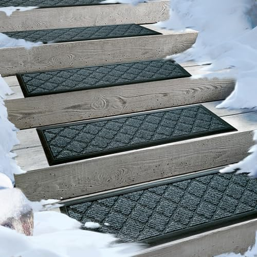 Aucuda Treppenmatten für den Außenbereich, 21,6 x 76,2 cm, für ältere Menschen und Hunde auf Holzstufen, rutschfester Treppenläufer, Wärmeisolierung, Gummi-Rückseite, graue Blöcke, Treppenmatte