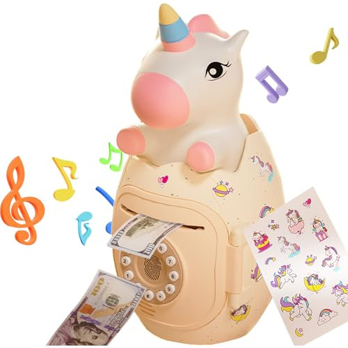 Unicorn Piggy Bank for Kids Safe Box Money Tin Large, Money Saving Box Jar, Password Protection, Nursery Rhyme & Basic English, Automatic Rolling, Unicorn Toys Gifts for Girls 1 2 3 4 5 6 Year Old