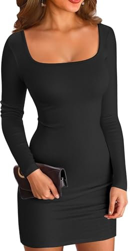 ELFIN Damen Bodycon Kleid Gerippt Langarm Minikleid Quadratischer Hals Kurzes Party Club Kleid Herbst Pullover Kleider Freizeitkleid (L, Schwarz)