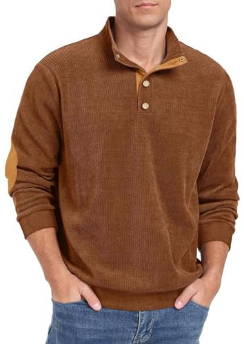 Hisir Mens Corduroy Sweatshirts Henley Neck Snap Buttons Stand Collar Long Sleeve Winter Sweatshirt Tops (Brown,L)