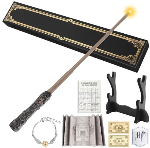 AVCXEC Zauberstab mit Licht, 35CM Zauberstäbe, USB Aufladung Magic Wand, Magie Zauberstab in Geschenkbox mit Zauberkarte, Ticket und Halskette für Halloween, Karneval, Cosplay