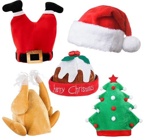 Weihnachtsmützen Erwachsene – 5 Stk. Lustige Hüte – Nikolausmütze, Hähnchen Hut, Weihnachtsmannbeine, Puddingmütze, gefüllter Truthahnhut, Weihnachtsmütze – Witzige Kostüme und Lustige Mützen im Set