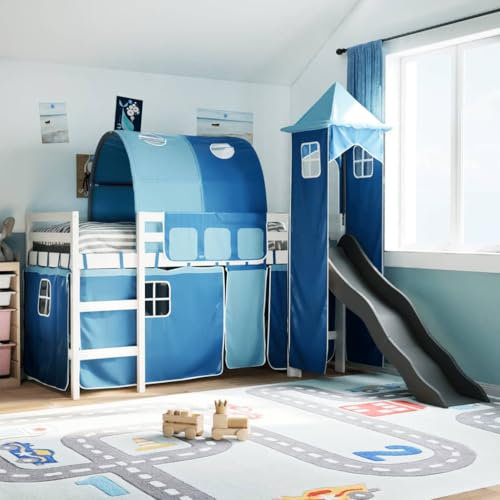 Gecheer Letto a Soppalco con Torre Bambini Blu 90x200cm Massello Pino,Struttura,Letto,Letto per Bambini a Castello,Letto per Cameretta,Letto con Scivolo,Letto per Cameretta,Letto Bambini,L3309159