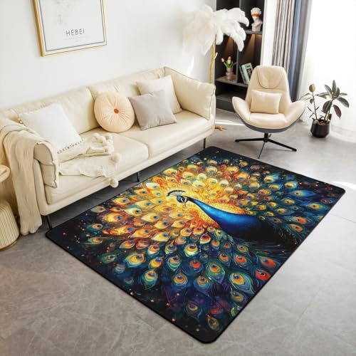 Loussiesd Pfau Teppich 100x150cm für Mädchen Jungen Kinder Pfau Feathers Muster Küchenteppich Raumdekoration Eleganter Vogel Modern Teppich Wohnzimmerteppich