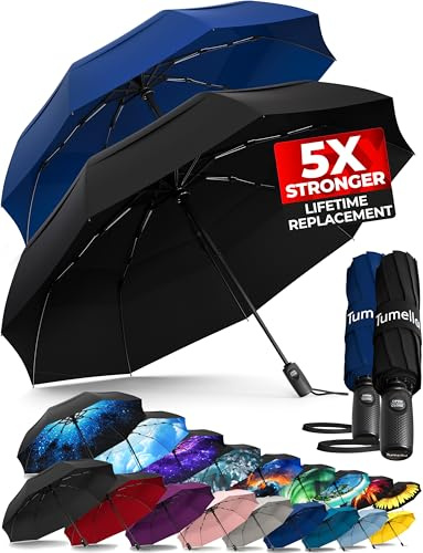 TUMELLA, le parapluie de voyage le plus résistant au vent (compact, supérieur, esthétique), petit parapluie de pluie solide & léger, portable et à fermeture automatique, poignée durable