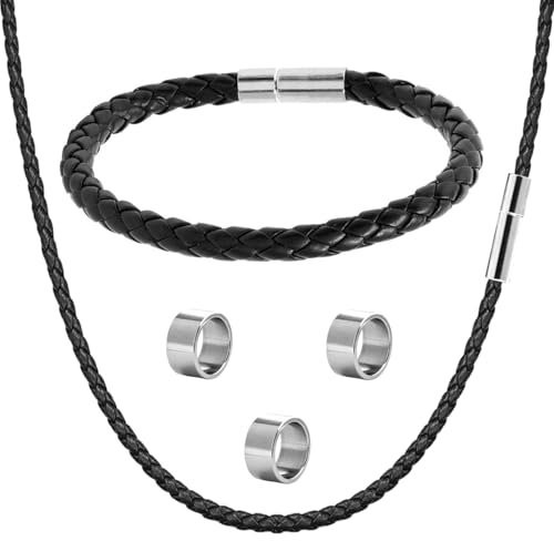 ZENGSING Leather Necklace Braided Rope Chain Mens Plaited Leather Bracelet with Stainless Steel Clasp 3 pcs Silver Stopper Charms Beads Waterproof Leather Bracelets Mens Gifts Jewellery (Black)