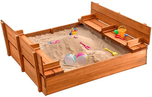 Large Wooden Kids Sandbox with Lid – Outdoor Sand Box for Kids with Cover Sand Protection, Foldable Bench Seats and Bottom Liner