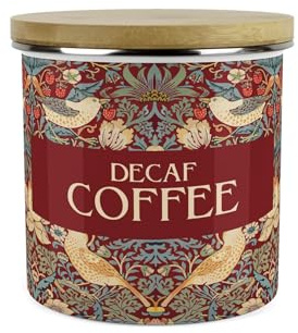 Purely Home Red Strawberry Thief Decaf Coffee Storage Canister - Morris Inspired Floral Tapestry Artwork - Large Enamel Hot Drinks Kitchen Storage Container