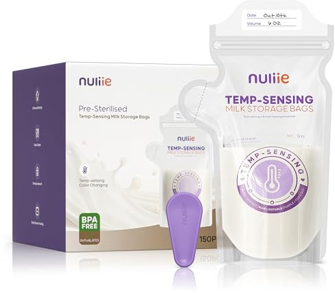Nuliie Lot de 150 sacs de stockage de lait maternel à détection de température avec pince de verrouillage, sacs de stockage de lait maternel de 170,1 g avec bec verseur, sacs de stockage de lait
