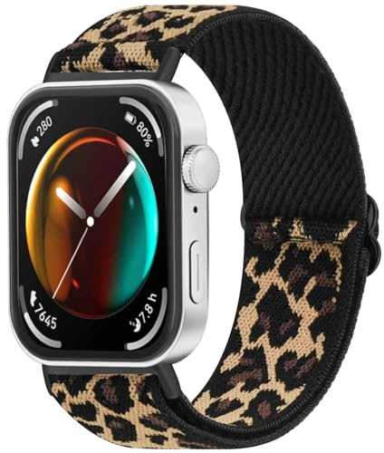 Amzpas Armband Kompatibel mit Huawei Watch Fit 3 Armbänder für Damen Herren, Nylon Uhrenarmband, Solo Loop Elastisch Stoff Sport Ersatzarmband für HUAWEI Watch FIT 3, Leopard