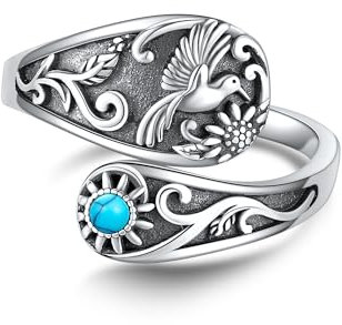 DAYLINLOVE Hummingbird Spoon Ring 925 Sterling Silver Turquoise Sunflower Adjustable Thumb Open Ring Victorian Style Bird Jewellery Gifts for Women Girls Hummingbird Lover