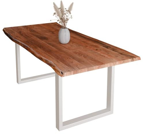 Liadomo Esstisch 180x90 Diala Nuss, U-Gestell weiß | Baumkante, Akazie Massivholz Tisch, 35 mm Tischplatte lackiert, Metallgestell, Robust & Pflegeleicht, bis zu 8 Personen