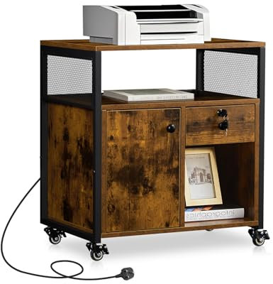 TUKAILAi Mobile File Cabinet with Charging Station Wooden Rolling Office Filing Cabinet with Lock Door Printer Stand 1 Drawer Lateral Stationery Storage on Wheels for Home Office (Dark Wood)