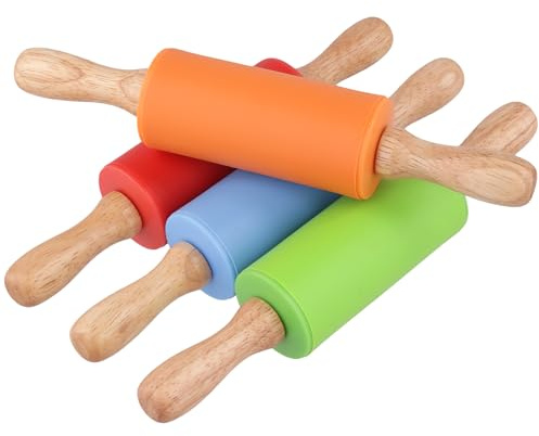 CHUIFAI 4 Stück Mini Nudelholz Silikon, 23 m Silikon Teigroller mit Holzgriff, Klein Nudelholz Teigroller Set für Pizza, Gebäck, Teig, Orange/Rot/Blau/Grün