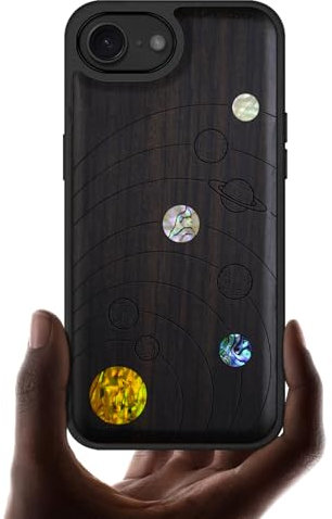Carveit Magnetic Wooden Case for iPhone 16e, Wood Artisan Engraved & Handmade Shell Inlaid, TPU Shockproof Cove, Compatible with MagSafe Wireless Chargers, Solar System - Blackwood