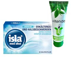 isla® med akut Halspastillen – 50 Stück inclusive einer Handcreme von vitenda, bei intensiven Hals- und Stimmbeschwerden, mit Hydrogel-Komplex und Isländisch Moos, extra starker Kräuter-Geschmack